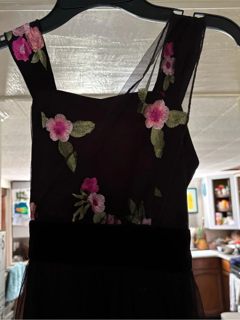 Amy Byer Black Midi Dress with Pink Floral Embroidery and Tulle Size 8